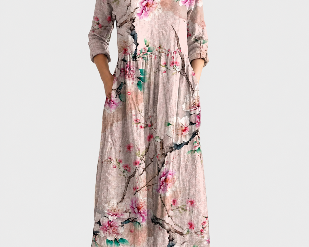 Caroline pale pink floral maxi dress on a neutral grey background
