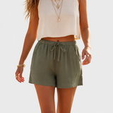 Casual Linen Shorts with Elasticated Waist and Drawstring on a neutral light grey background