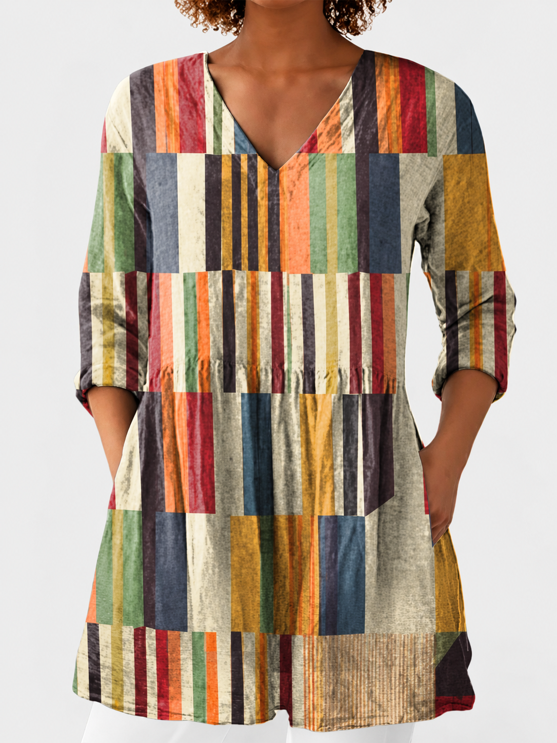 Chloe | Earthy Floral V-Neck Blouse on a grey background