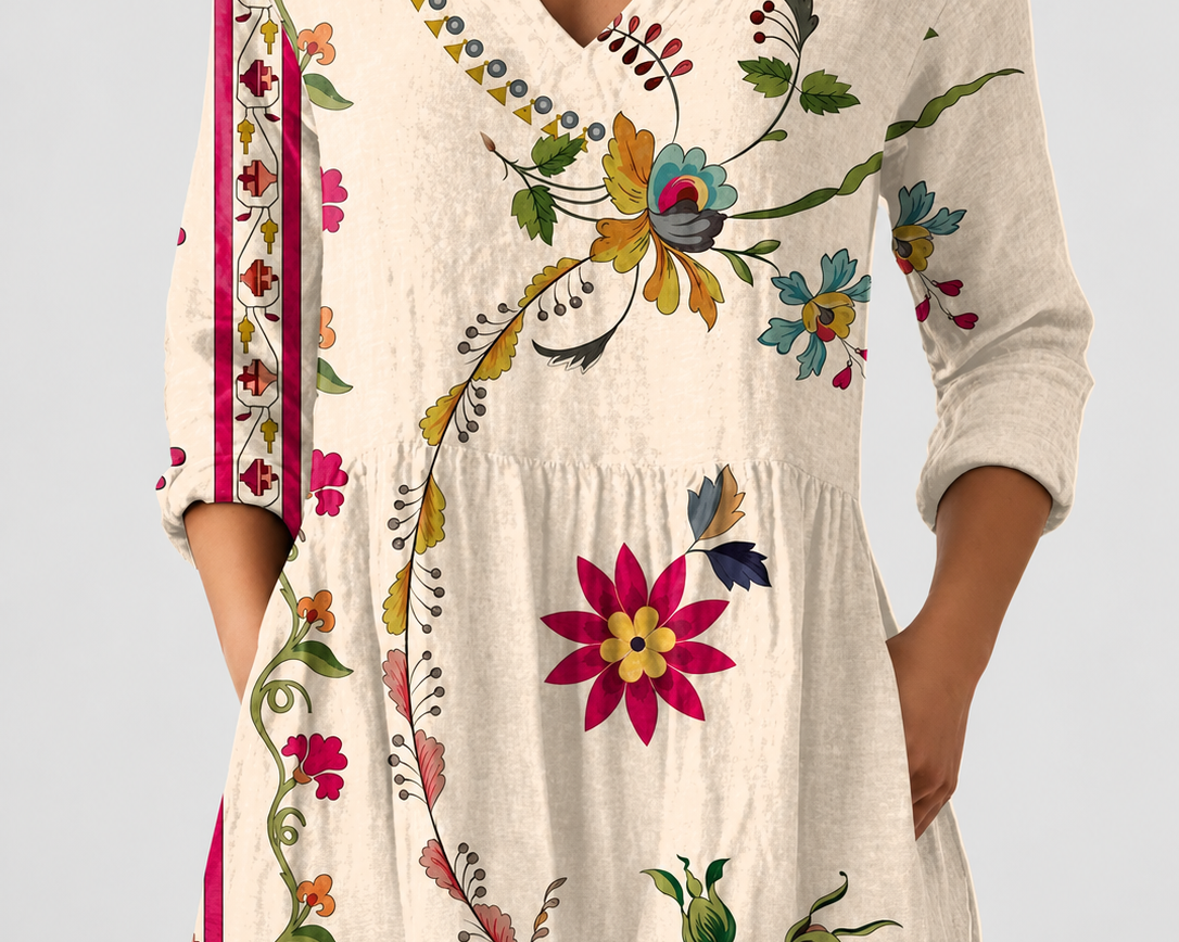 Clara | Vintage Patchwork V-Neck Blouse on a grey background