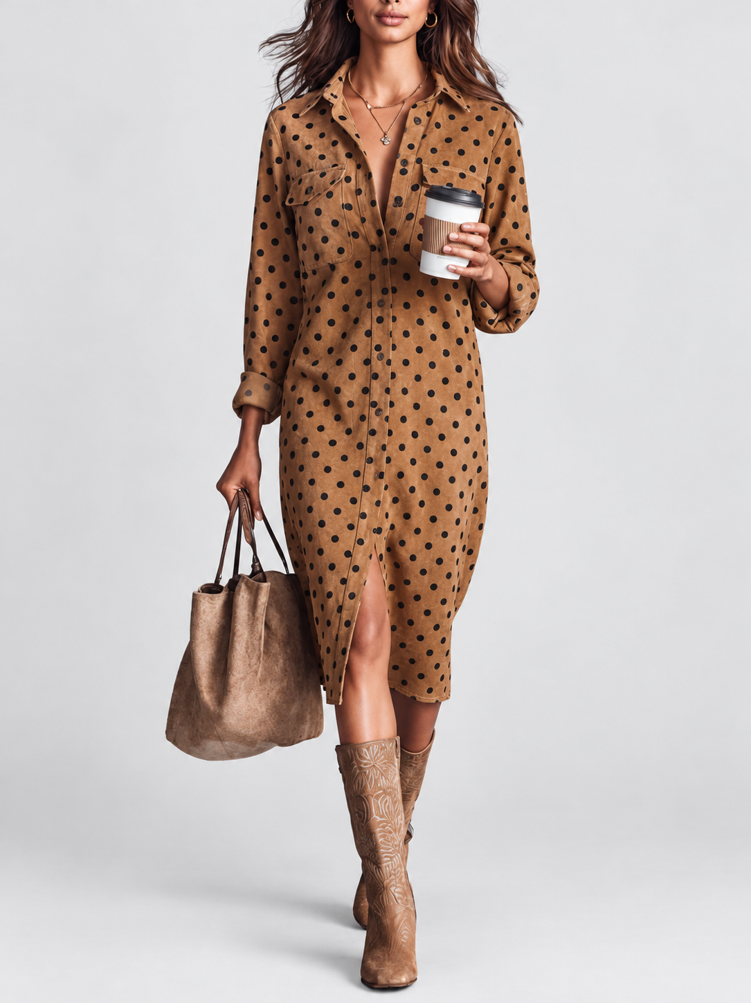 Claudia | Polka Dot Midi Dress on a grey background