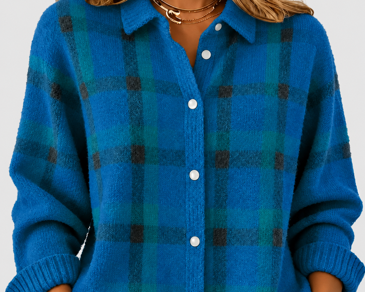 Kelsey | Brushed Check knitted jacket on a light grey background