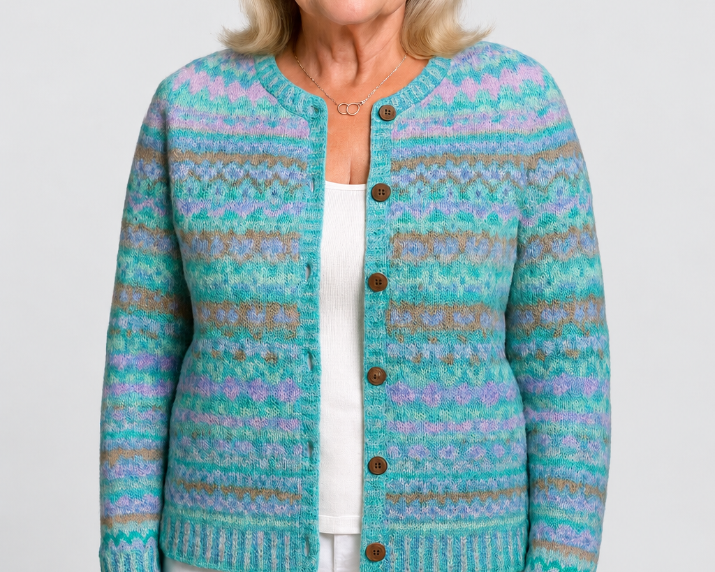 Lila | Teal and Lilac Fair Isle Cardigan on a neutral light grey background