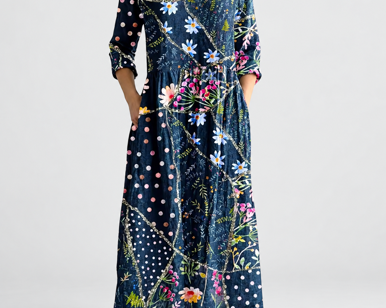 Linda | Elegant Floral Kaftan Dress on a neutral light grey background