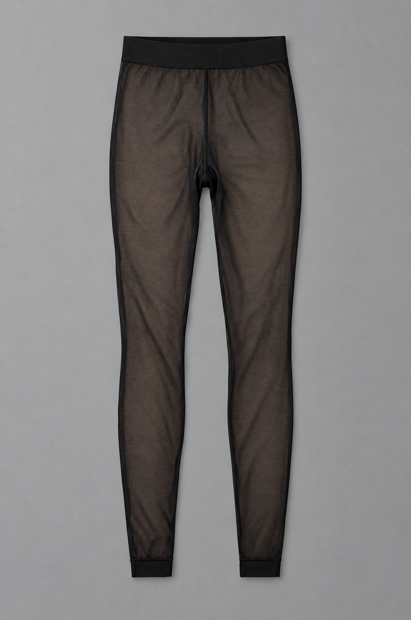 Black faux-sheer footless fleece-lined tights shown flat against a grey background.
