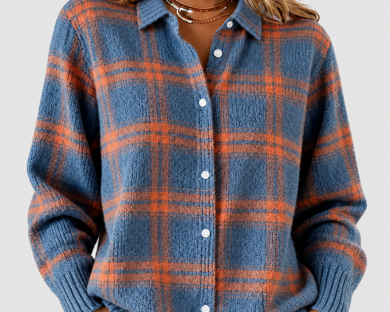 Zara | Warm Blue Checked knitted jacket on a grey background