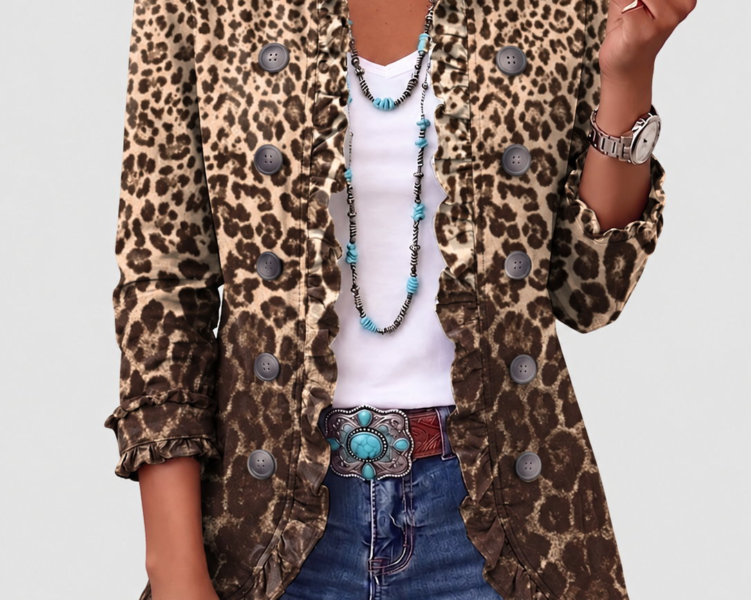 Abigail | Leopard Ombré Ruffle Jacket — grey studio background