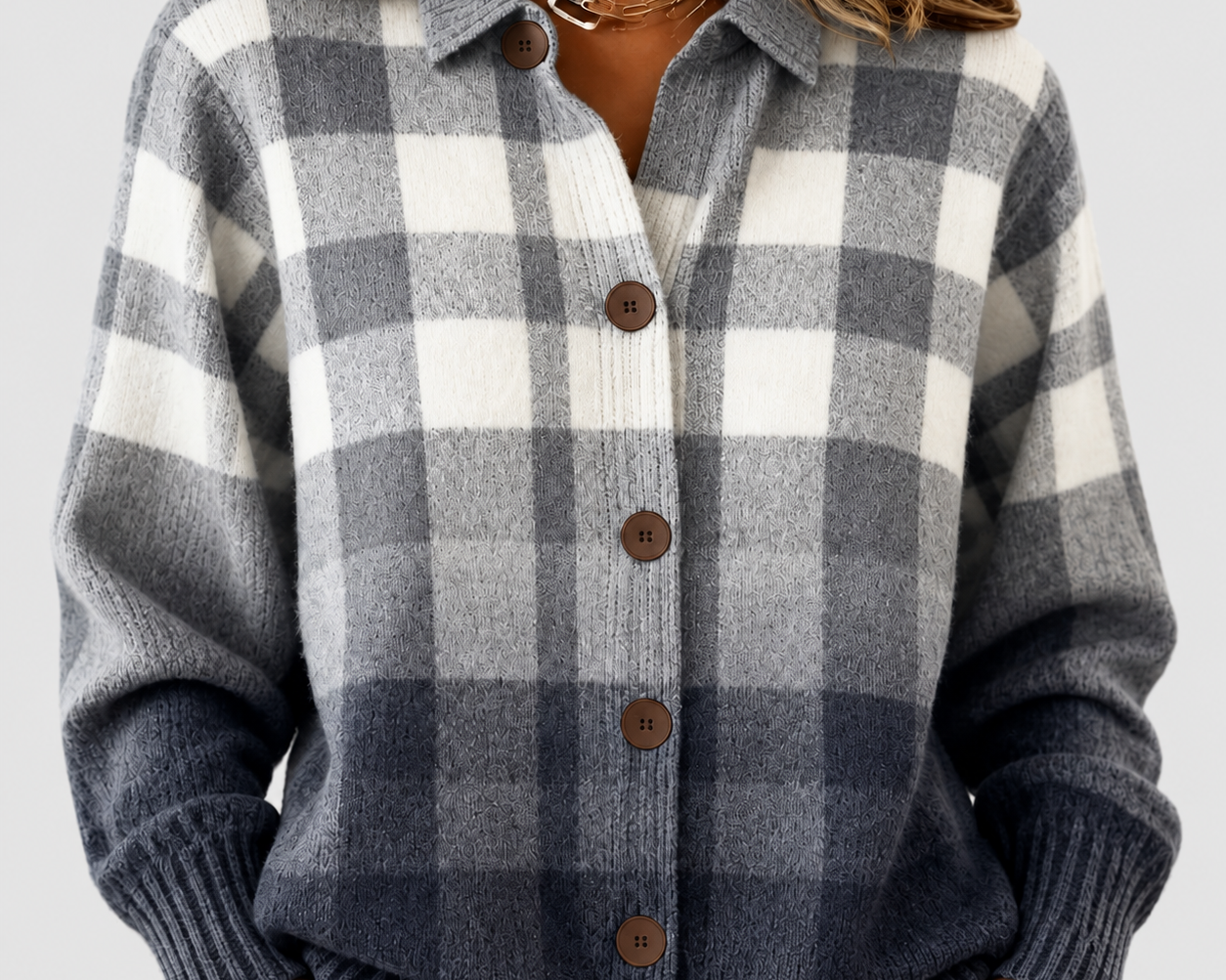Agnes | Grey Ombré Check knitted jacket with Buttons — grey studio background