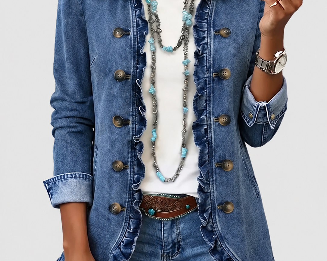 Amelia | Blue Denim Ruffle Jacket — grey studio background