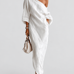 Aurora | Ivory One-Shoulder Flowing Maxi Dress — grey studio background