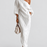 Aurora | Ivory One-Shoulder Flowing Maxi Dress — grey studio background