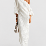 Aurora | Ivory One-Shoulder Flowing Maxi Dress — grey studio background