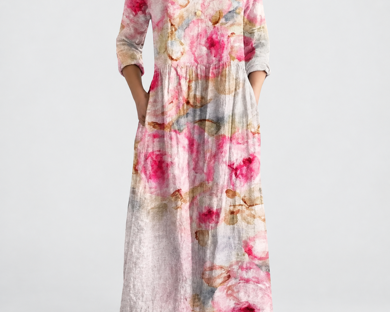 Barbara | Flowing Floral Summer Dress — grey studio background