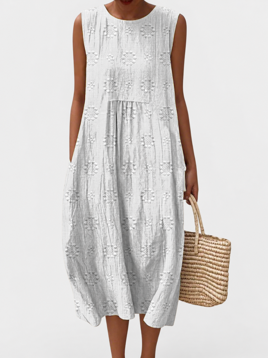 Beatrice | Embroidered Detail Midi Dress — grey studio background
