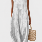 Beatrice | Embroidered Detail Midi Dress — grey studio background
