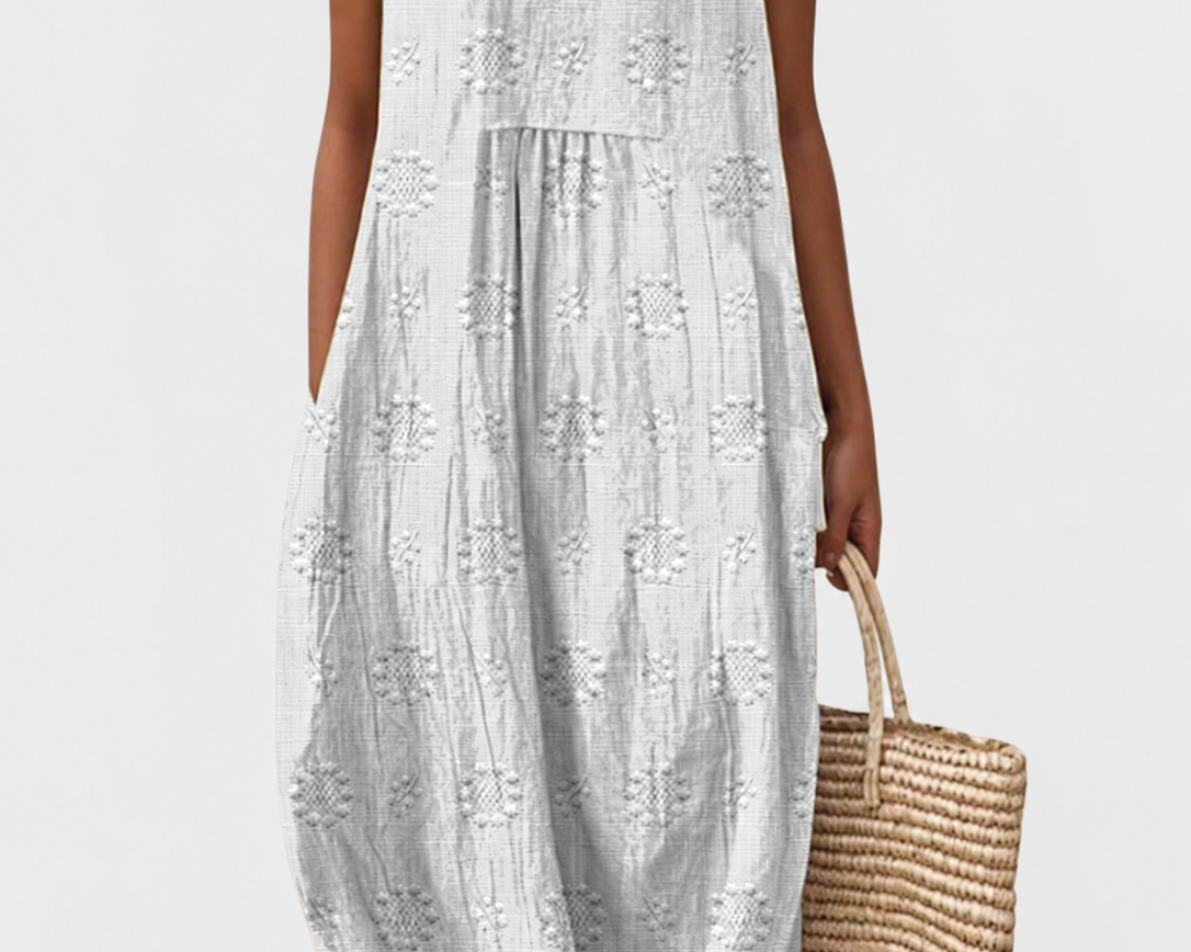 Beatrice | Embroidered Detail Midi Dress — grey studio background