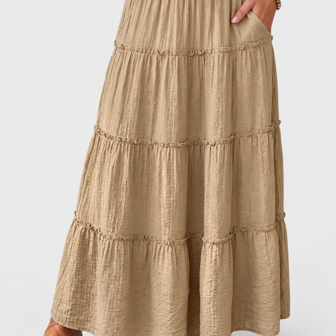Bohemian Pleated Summer Maxi Skirt — grey studio background