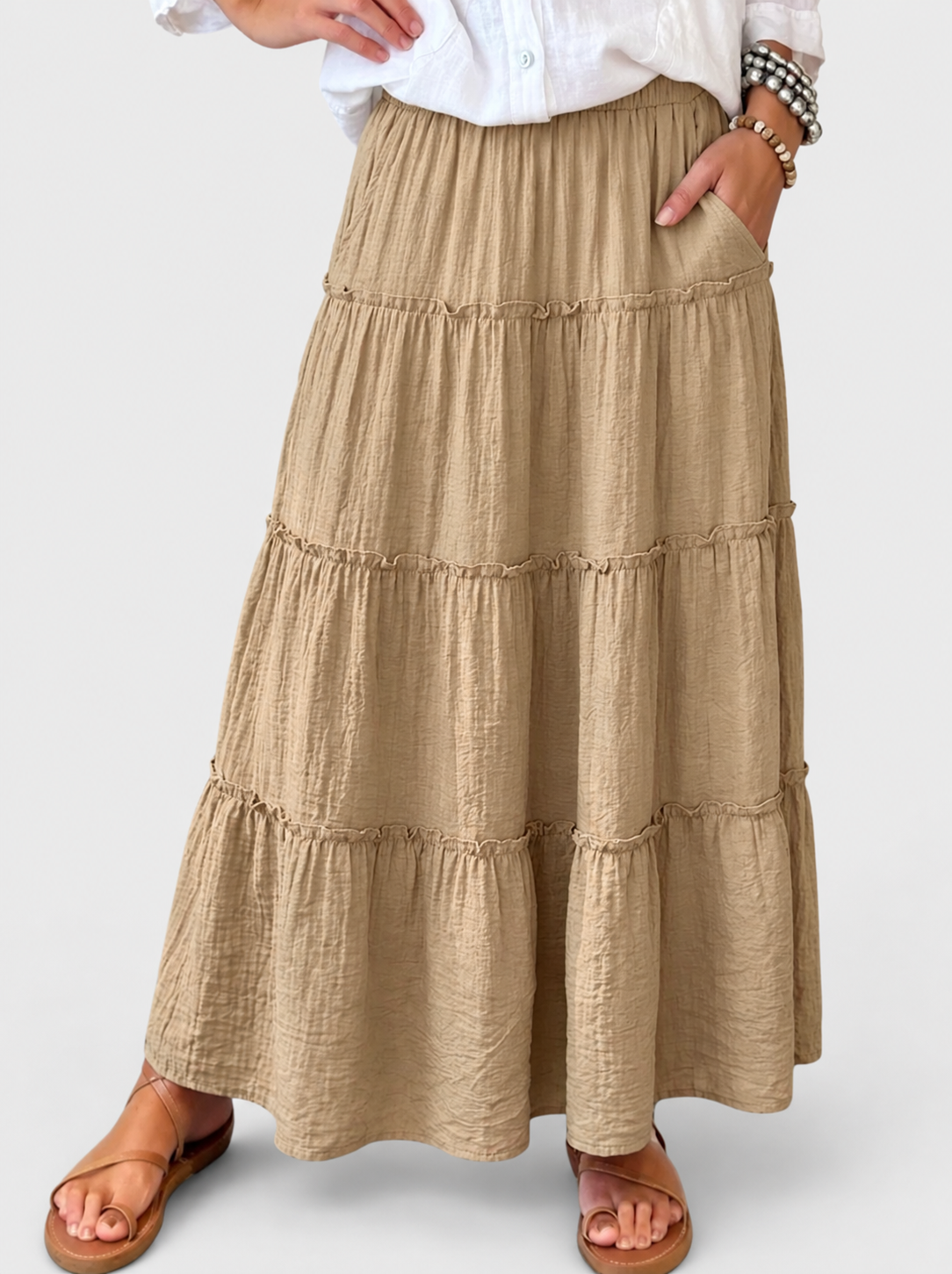 Bohemian Pleated Summer Maxi Skirt — grey studio background