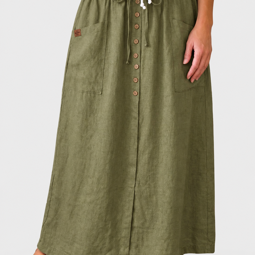 Casual Linen Midi Skirt with Elasticated Waist and Button Front — grey studio background