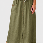 Casual Linen Midi Skirt with Elasticated Waist and Button Front — grey studio background