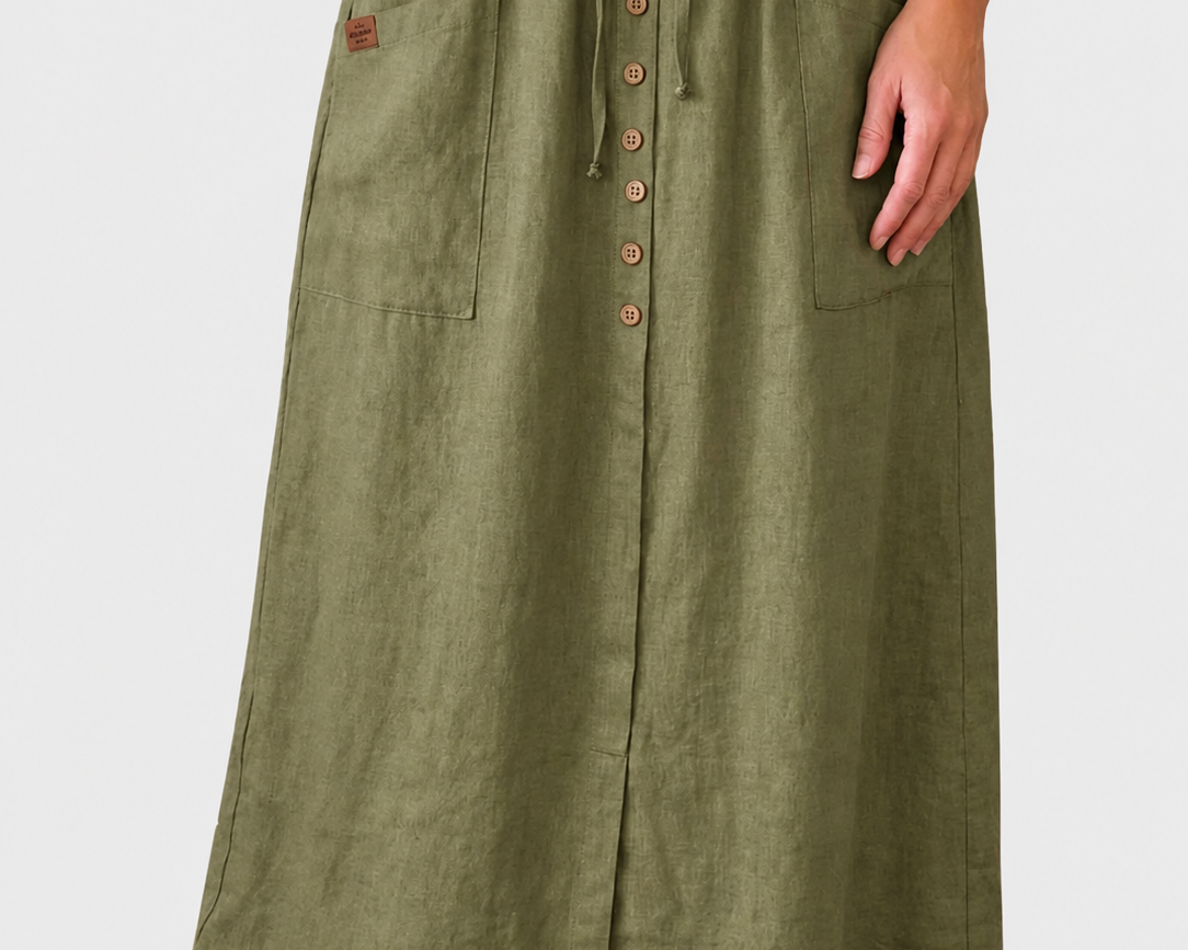 Casual Linen Midi Skirt with Elasticated Waist and Button Front — grey studio background