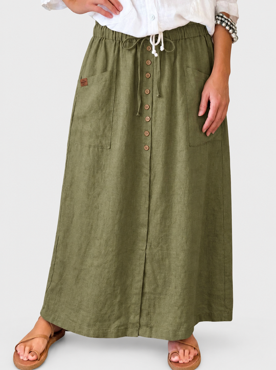 Casual Linen Midi Skirt with Elasticated Waist and Button Front — grey studio background