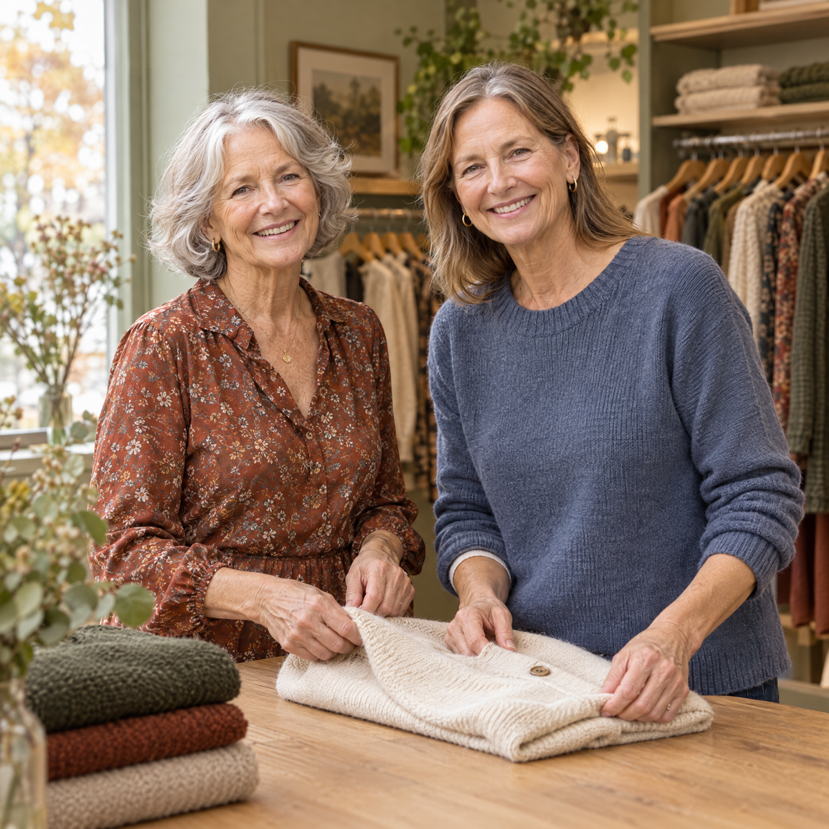 Illustrative campaign featuring two older women sharing a moment in a boutique.
