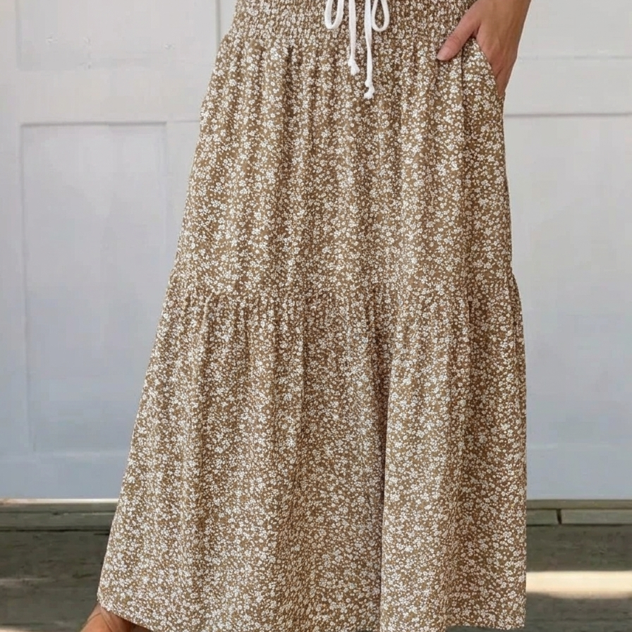 Flowy Ditsy Floral Maxi Skirt with Elasticated High Waist