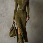Evelyn | Belted Suede Zip Dress